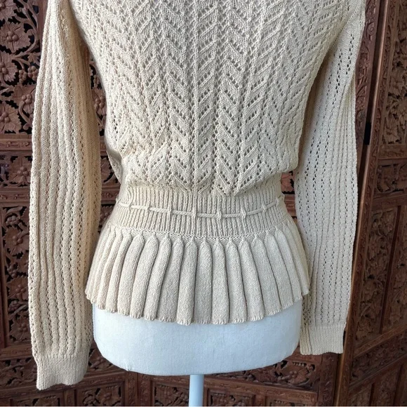 Vintage Adorable Cream Crochet Knit Button-Front Sweater with Drawstring Waist - Picture 5 of 7